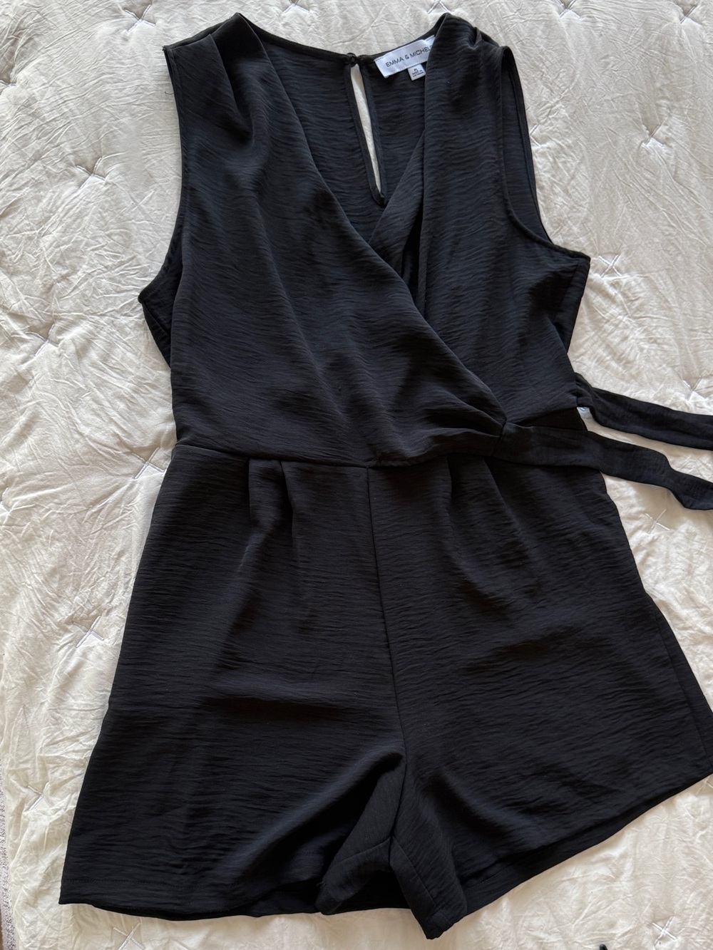 Emma & Michele Black Sleeveless Wrap Romper with Tie Waist